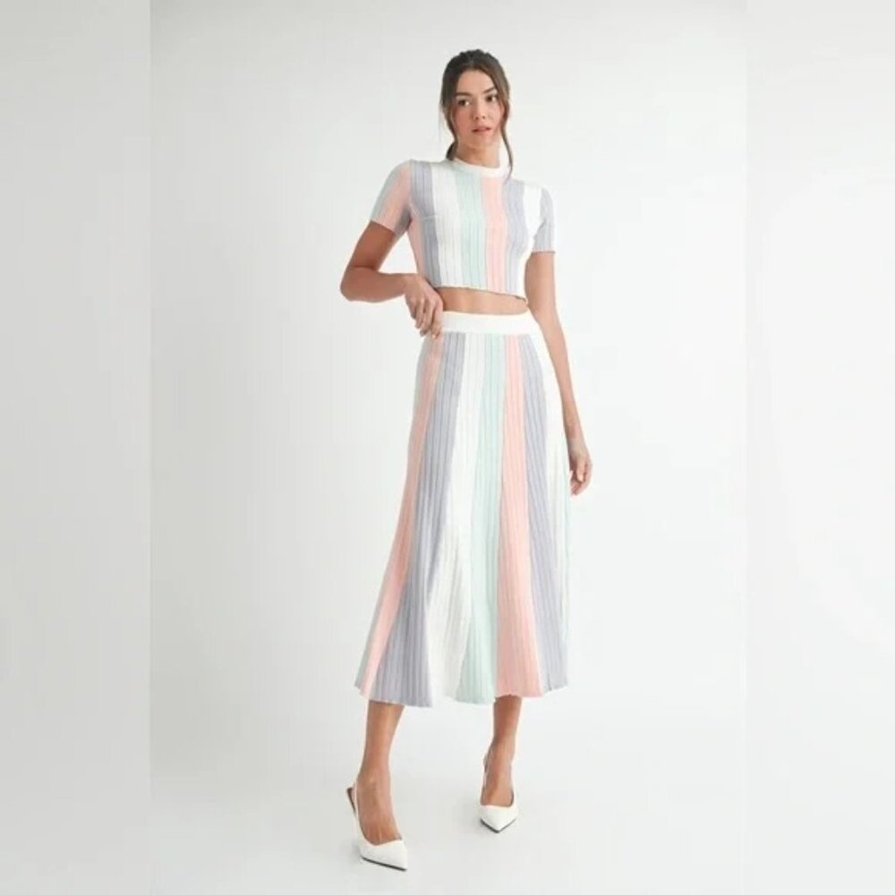 EB Luxe Stripe Knit Short Sleeve Top and Skirt Set, Size M